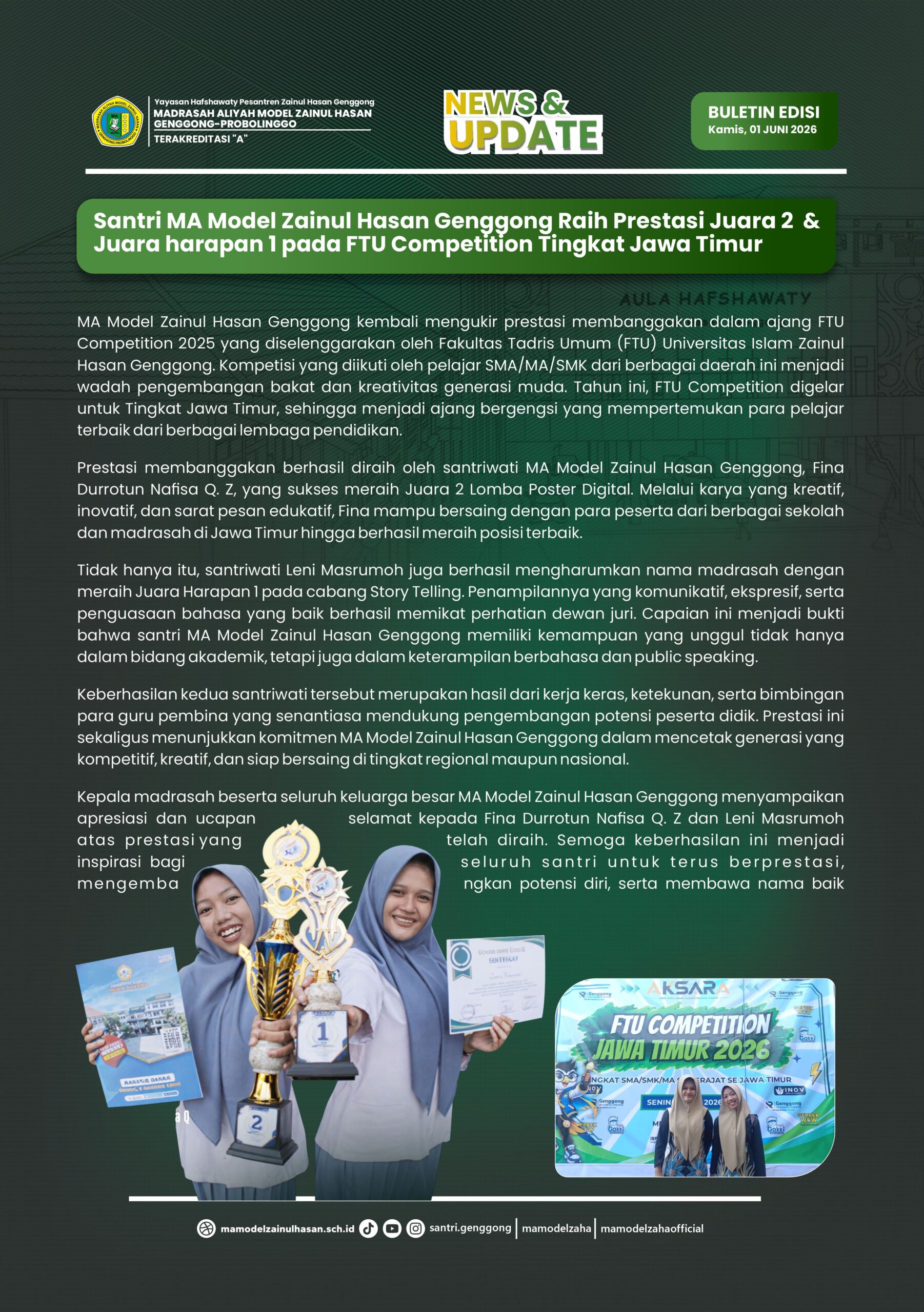Santri MA Model Zainul Hasan Genggong Raih Prestasi Juara 2  &
Juara harapan 1 pada FTU Competition Tingkat Jawa Timur