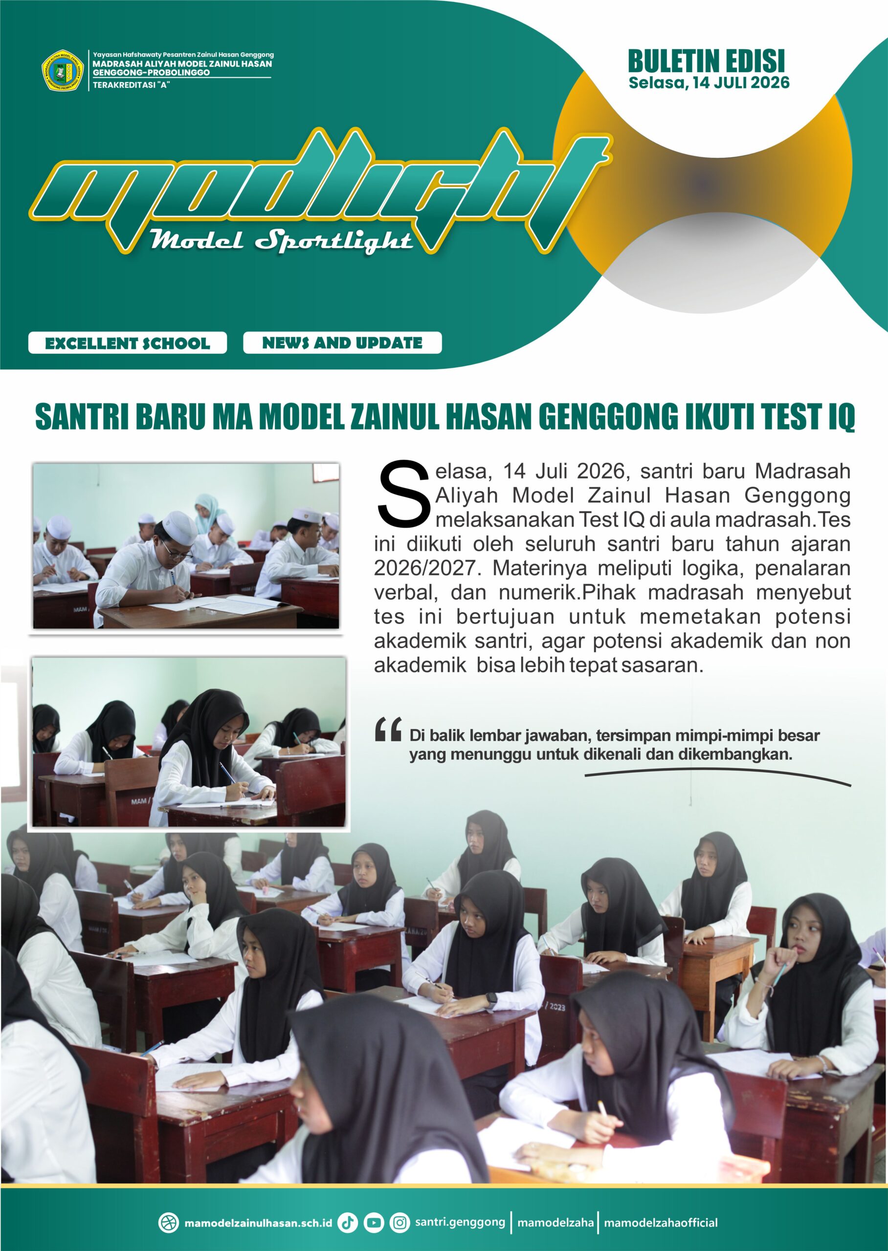 Santri Baru MA Model Zainul Hasan Genggong Ikuti Test IQ